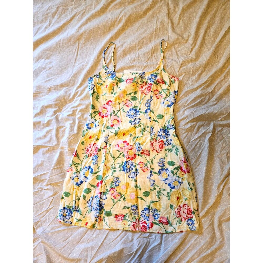 A New Day Yellow Floral Linen Blend Mini Dress Smocked Back Side Zip 8 NWT